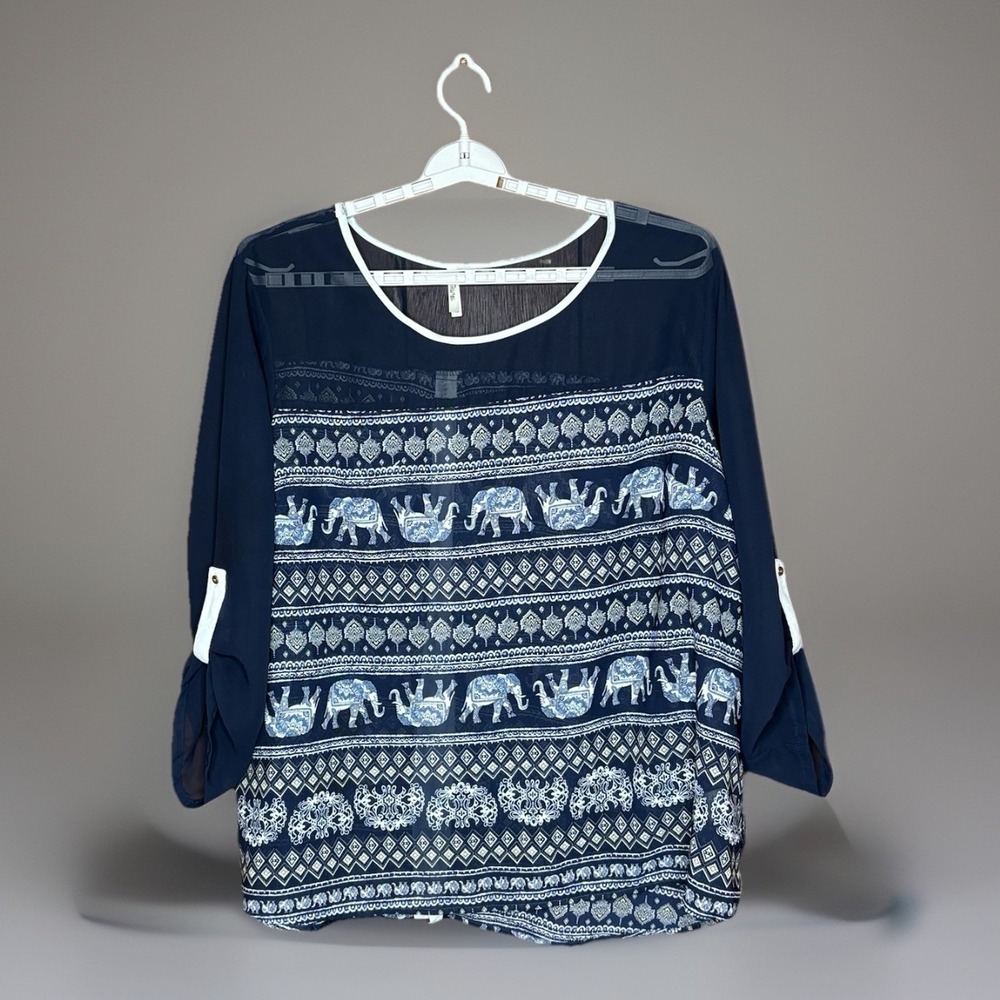 Truth NYC Blouse Women‎ 2X Navy Elephant Print Sheer Boho Festival Artsy Cottage